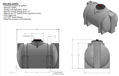65 gallon horizontal leg tank dimensions 40"x24"x28"